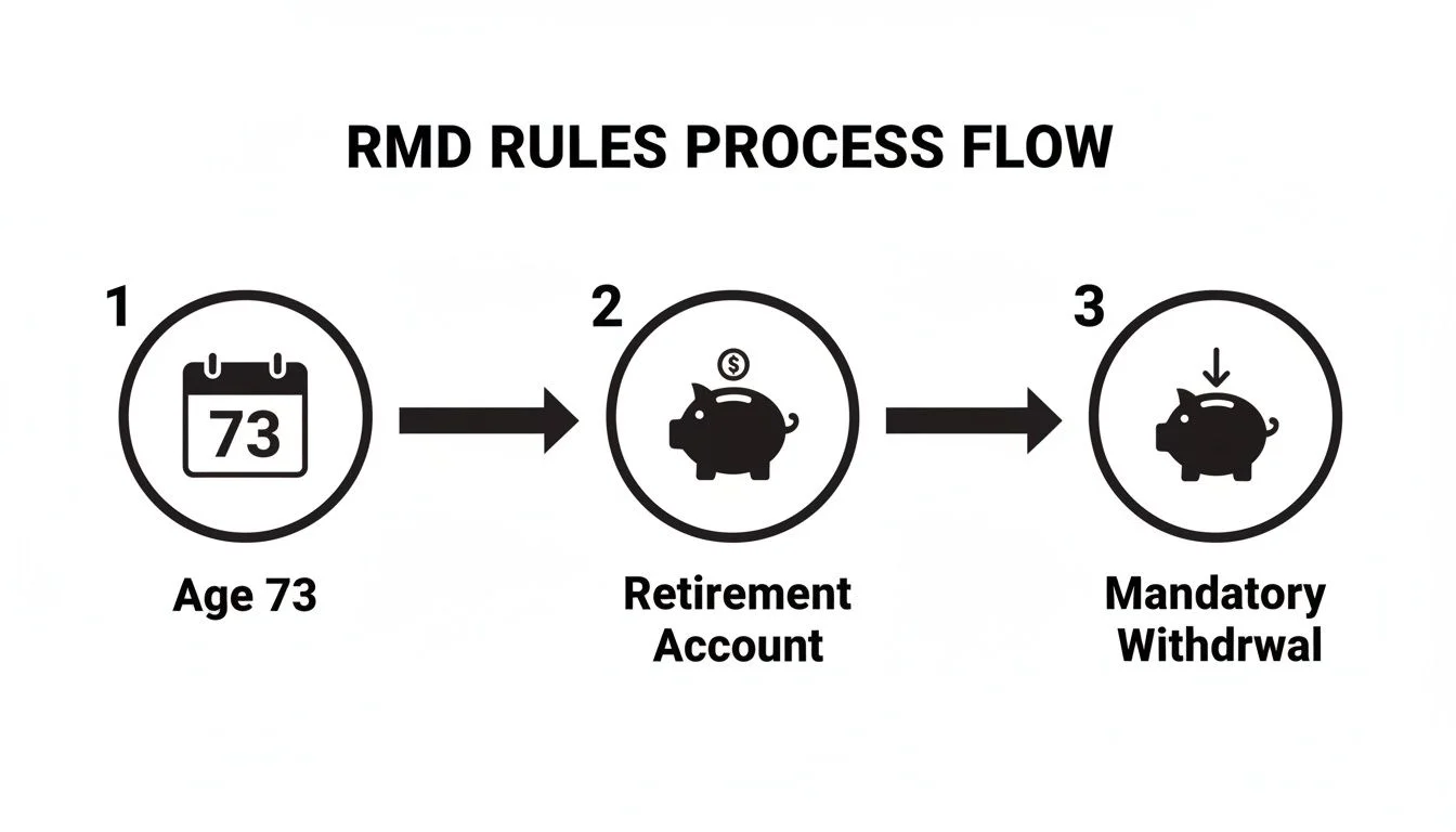 RMD rules process flow graphic showing three steps: reach age 73, hold a retirement account, then take a mandatory withdrawal