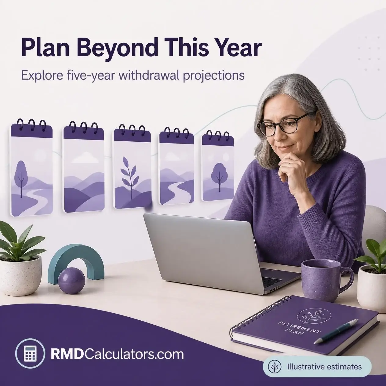 Woman using a laptop beside five calendar illustrations to plan future retirement withdrawals